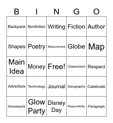 2nd Grad BinGlow Bingo Card