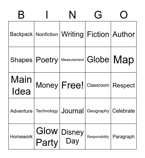 2nd Grad BinGlow Bingo Card
