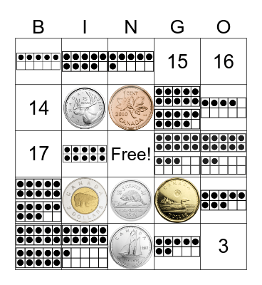 Canadian Coins, ten frame numbers Bingo Card