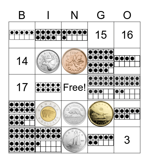 Canadian Coins, ten frame numbers Bingo Card