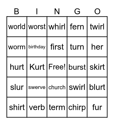"er" sound BINGO Card