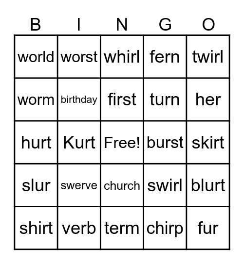 "er" sound BINGO Card