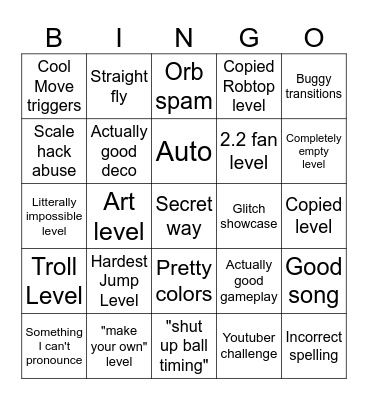 Recent Tab Bingo (Geometry Dash How-D) Bingo Card