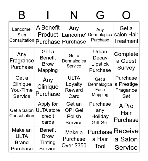 ULTA'S HOLIDAY BEAUTY BINGO Card