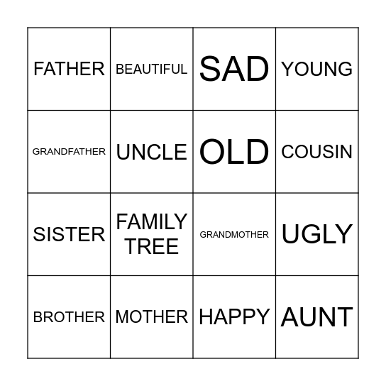 FAMILY AND ADJECTIVES Bingo Card