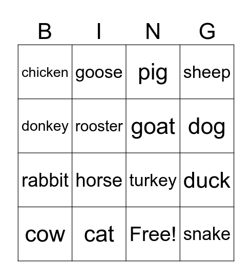 Animal Farm Bingo Card