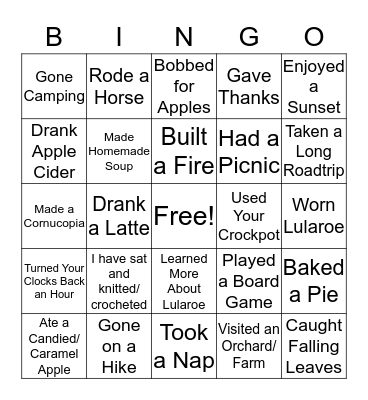 Have Done in Autumn Bingo Card
