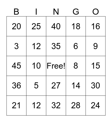 Multiplication Bingo Card