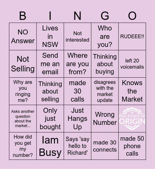 Real Estate of Origin Bingo Card