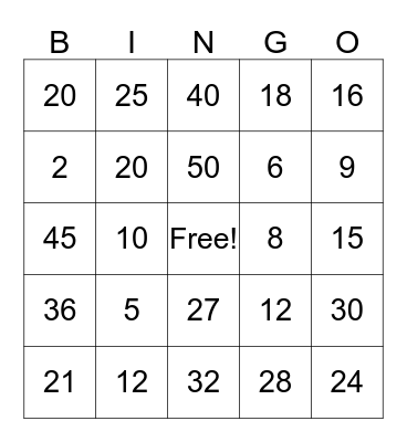 Multiplication Bingo Card