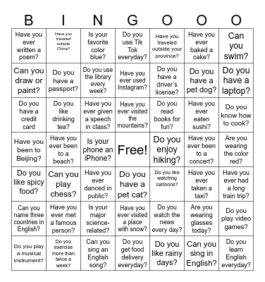 English Bingo Card