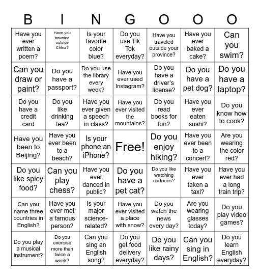 English Bingo Card