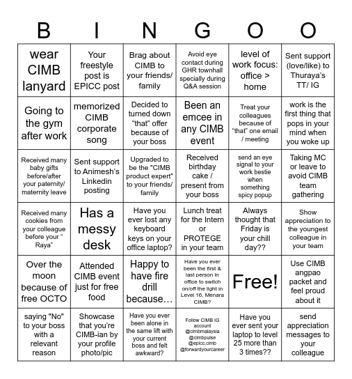 #teamGHRCIMB Core Moments Bingo Card