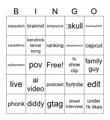 Youtube shorts bingo Card