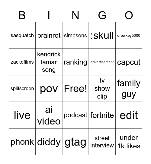 Youtube shorts bingo Card