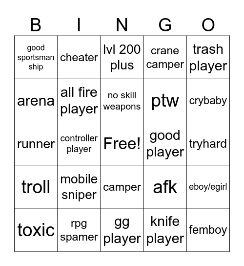 rivals bingo Card