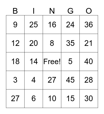 Multiplication Bingo Card
