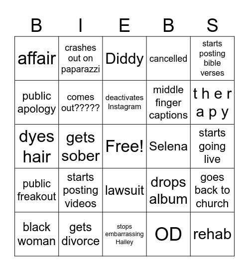 justin bieber bingo Card