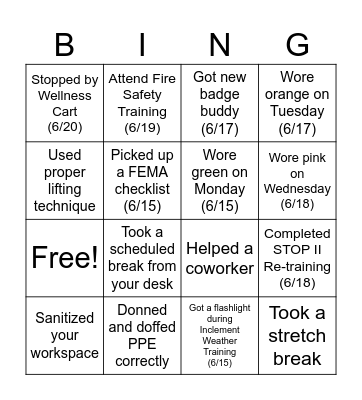 SAFETY WEEK Bingo Card