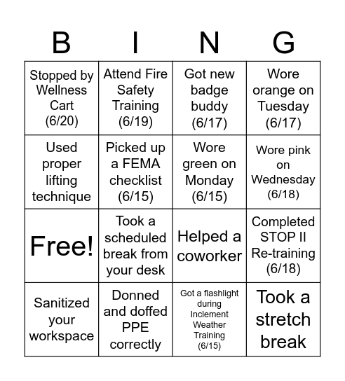 SAFETY WEEK Bingo Card