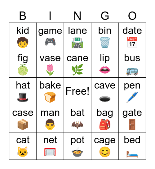 Long A plus short vowel Bingo Card
