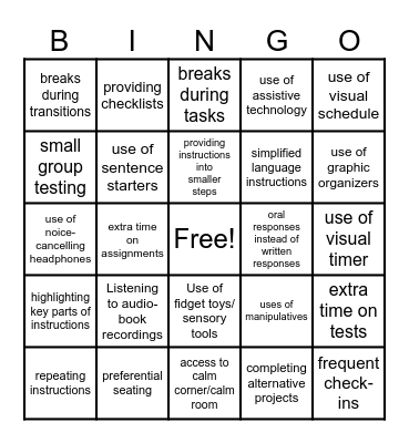 Accommodations Bingo Card