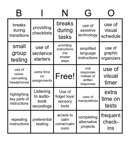 Accommodations Bingo Card
