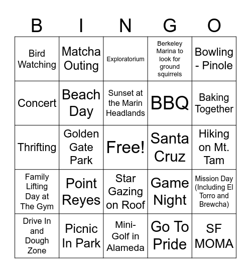 Summer Fun Bingo Card
