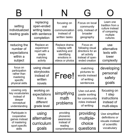 Modifications Bingo Card