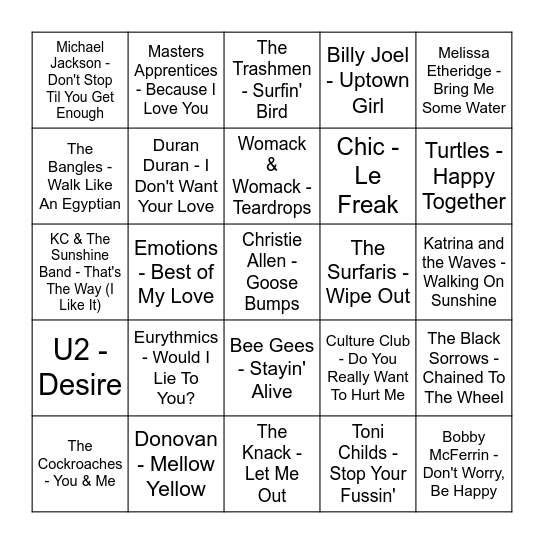 ★ Music Bingo w Bonnie Anne ★ Bingo Card