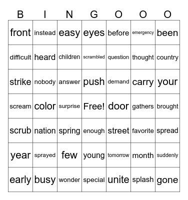 Vocabulary Bingo Card