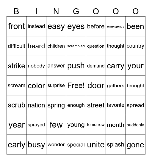 Vocabulary Bingo Card