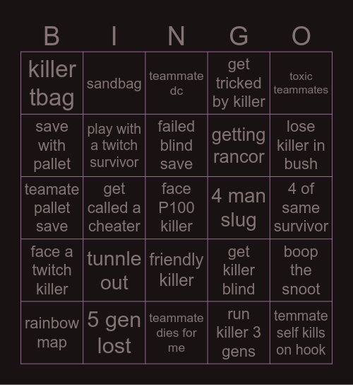 DBD Surivior Bingo Card