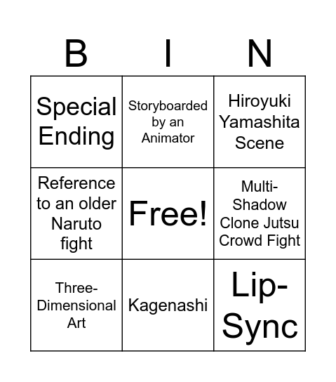Naruto Sakuga Episode Bingo Card Bingo Card