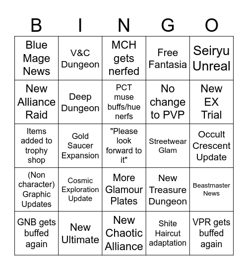 FFXIV 7.3 Live Letter Bingo Card
