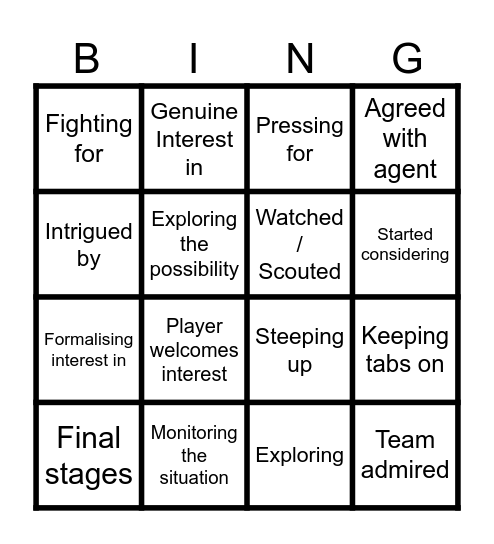 Transfer Bingo Card