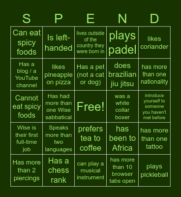 Spend Bingo Card