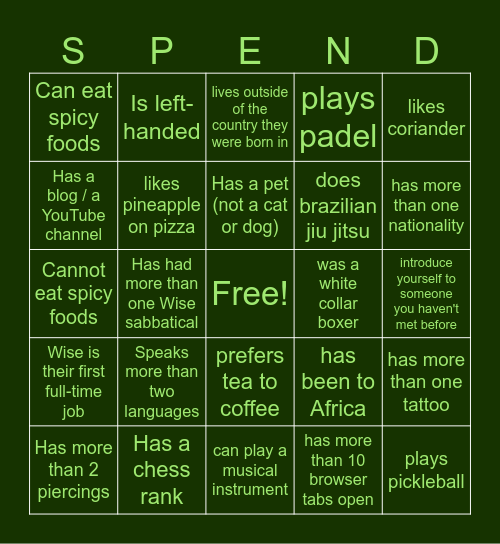 Spend Bingo Card