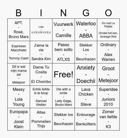 Muziekbingo Card