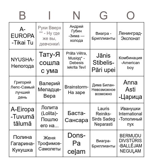 Музыкальное лото! Bingo Card