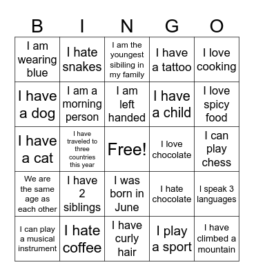 Get to Know You Bingo Card