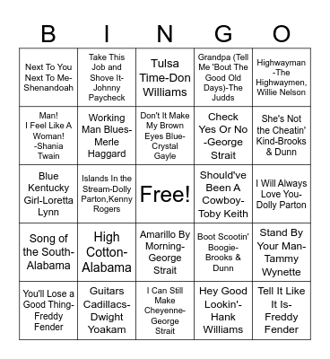 Country Hits Bingo Card