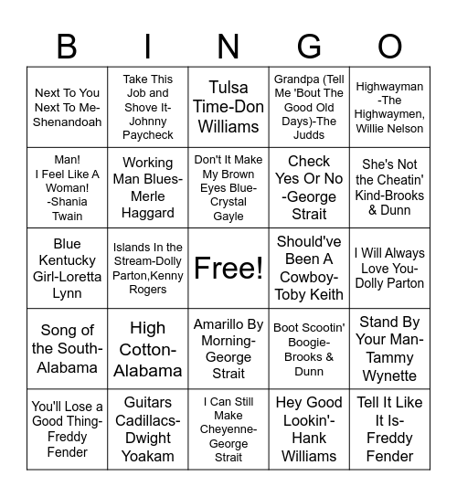 Country Hits Bingo Card