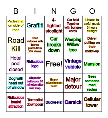 PA Road Trip Bingo Card