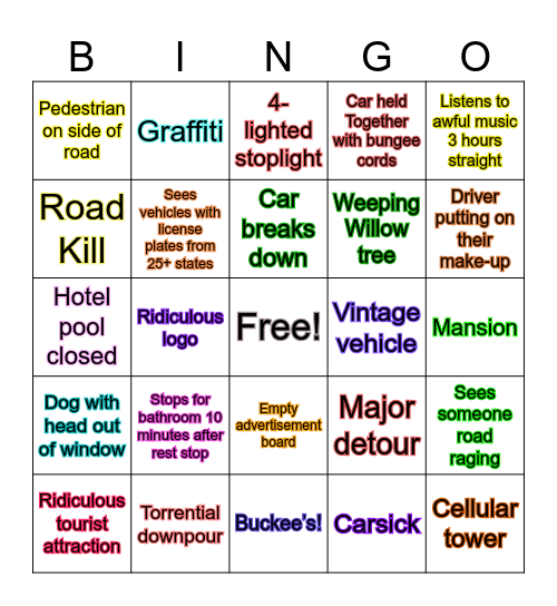 PA Road Trip Bingo Card