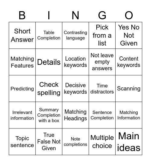 IELTS Reading and Listening Bingo Card