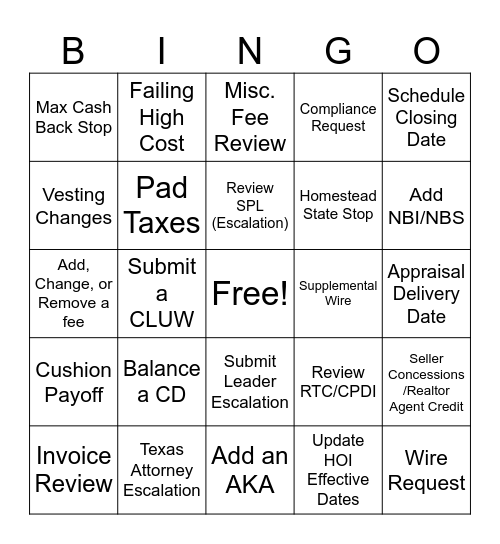 Closing Bingo Card