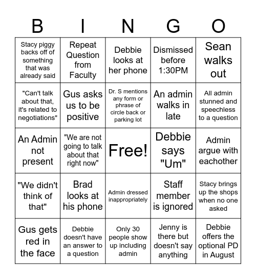 Block Schedule Bingo Card