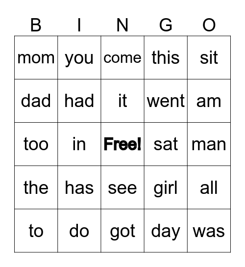 Snap Word Bingo Card