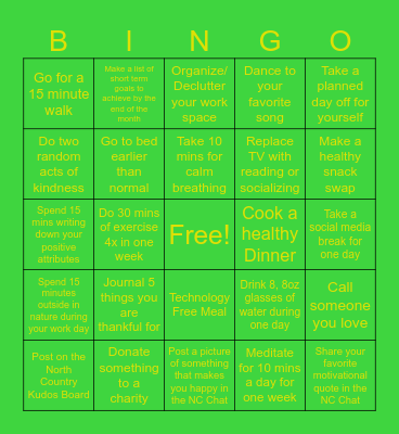 North Country Wellness Challenge Bingo Card